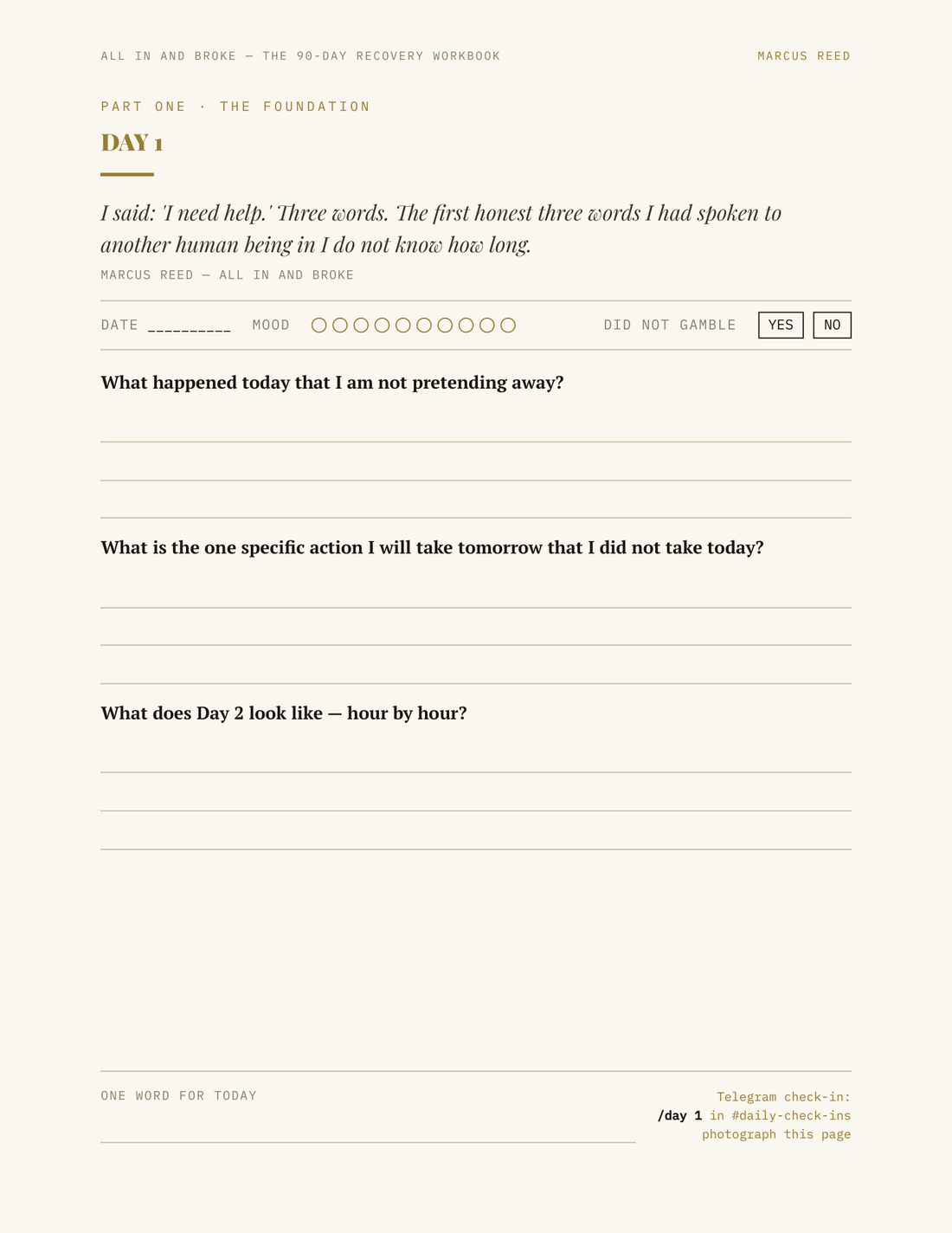 Day 1 — a real page. Every day has its own.
