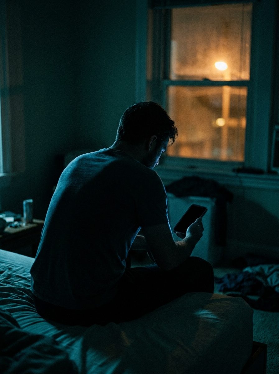 Man alone with his phone at night